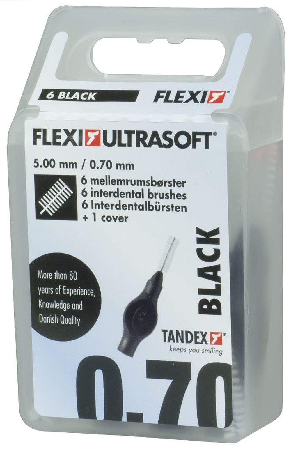 Tandex, czyściki międzyzębowe, Flexi 0,7x5 mm, ultra soft, Medium, black, czarne, 6 szt.