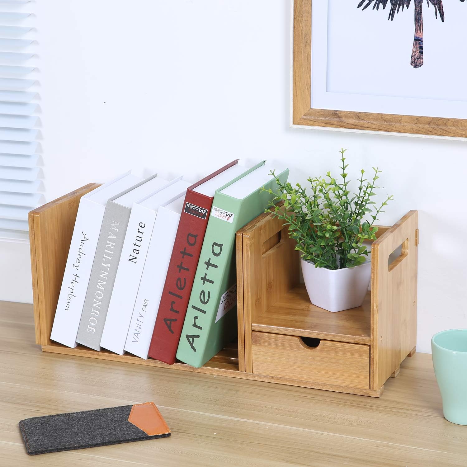 Maydear Bamboo Desktop Bookshelf Counter Top Bookcase, with 3 Drawers ...