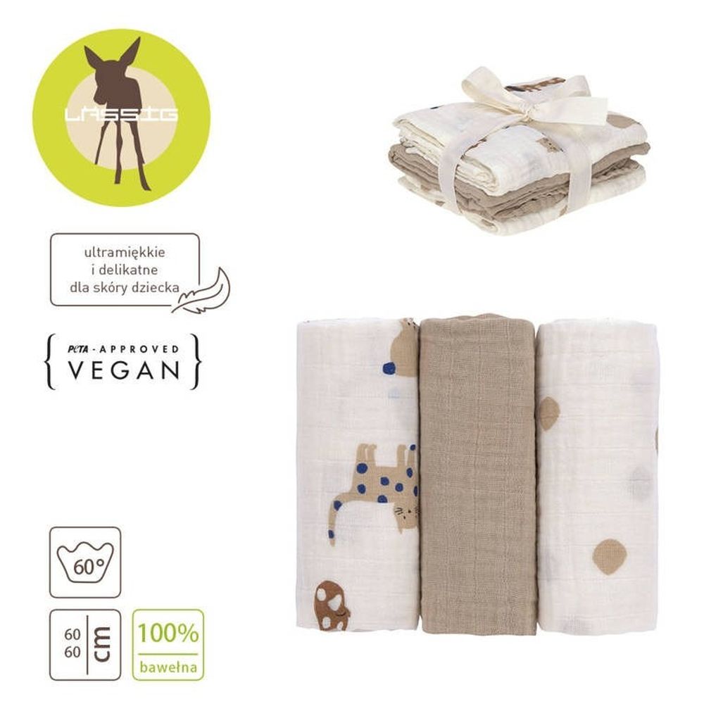 Lassig, Little Mateys, pieluszka muślinowa, otulacz z biobawełny, royal blue, 60x60 cm, 3 szt.