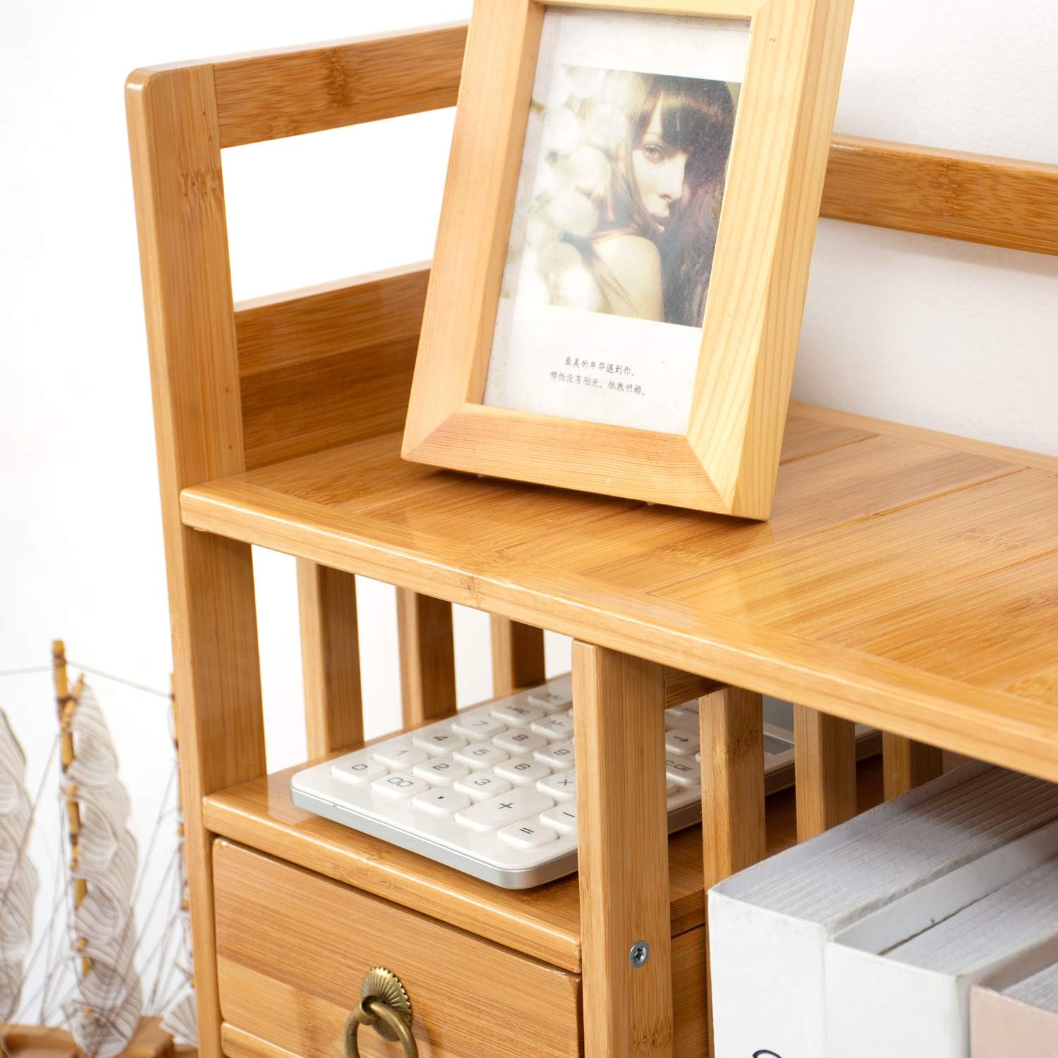Maydear Bamboo Desktop Bookshelf Counter Top Bookcase, with 3 Drawers ...