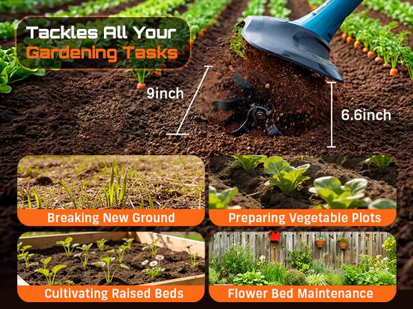 SEESII Electric Tiller for Gardening, 360 RPM Rototiller Cordless Cultivator, Total 8000mAh Battery Powered Garden Tiller 4 Pcs Blades for Smooth Tilling, Handheld Tiller for Raised Garden Beds Outdoorfun