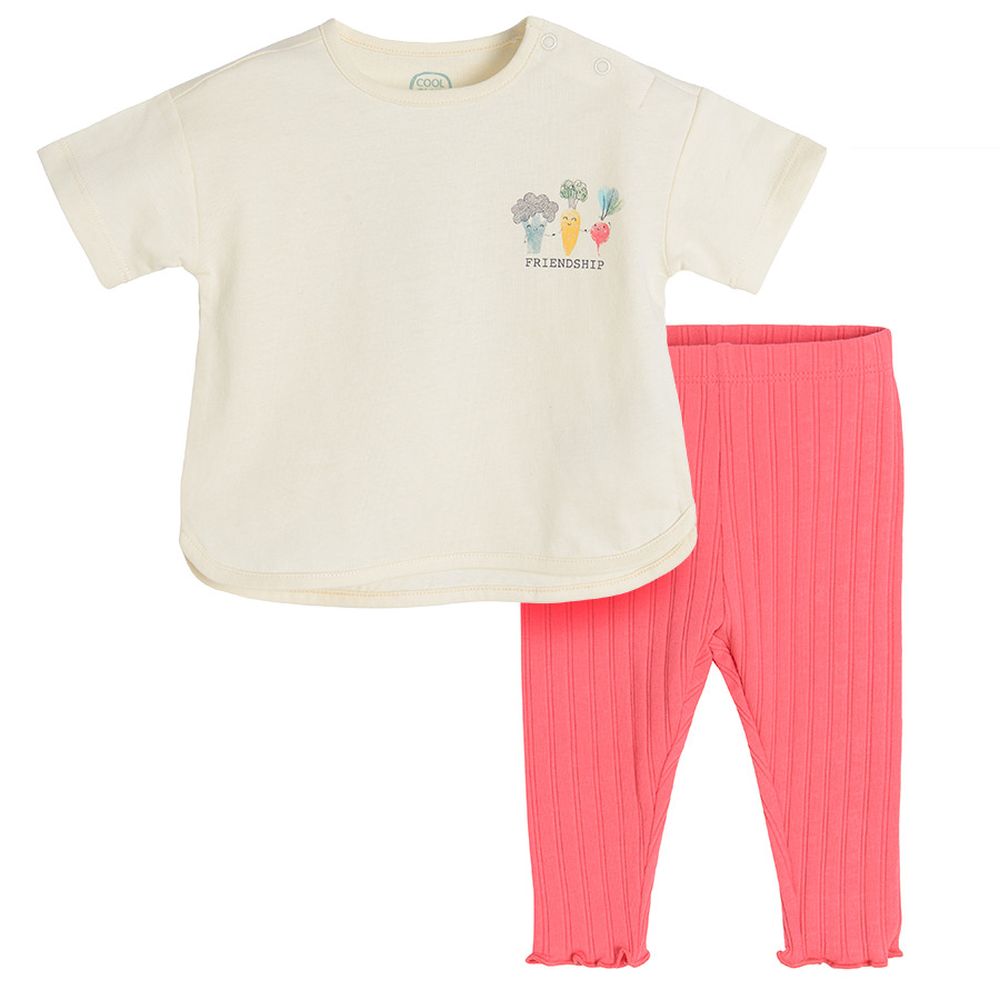 Cool Club, Komplet dziewczęcy, Bluzka z krótkim rękawem, Legginsy, ecru, różowy