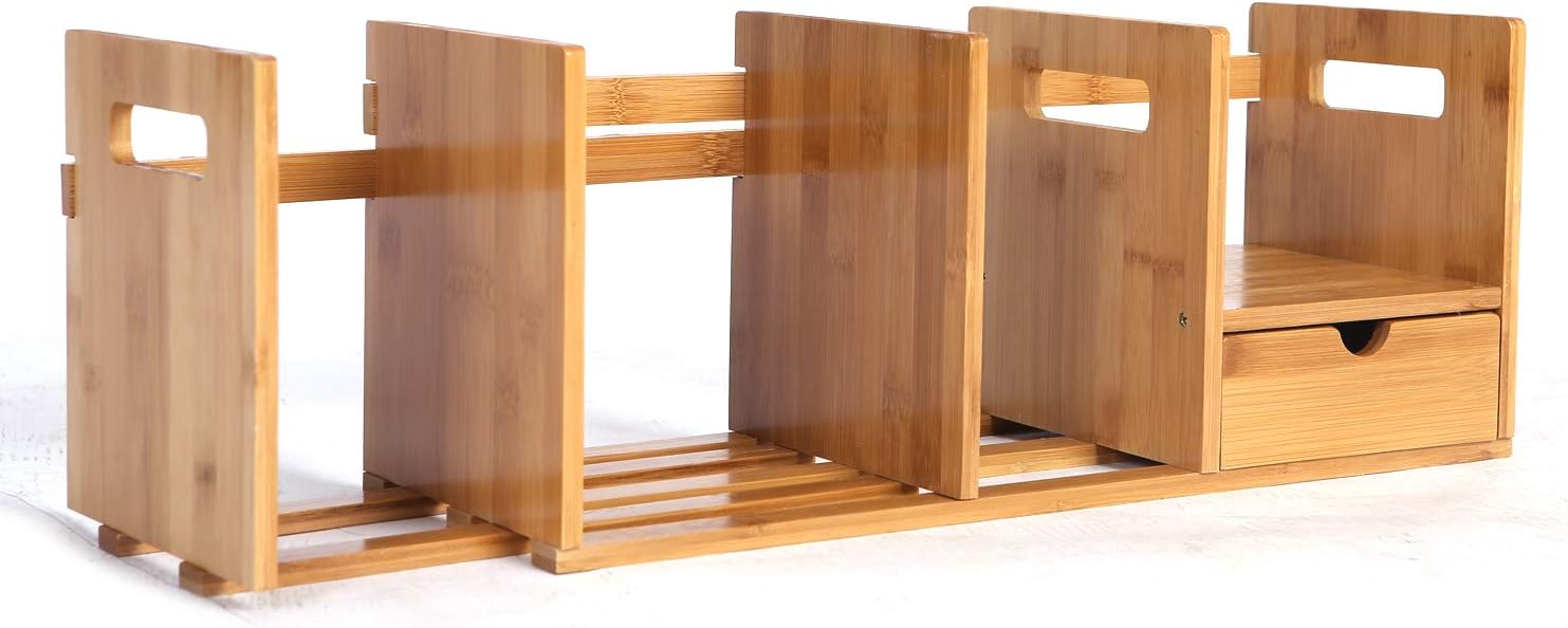 Maydear Bamboo Desktop Bookshelf Counter Top Bookcase, with 3 Drawers ...