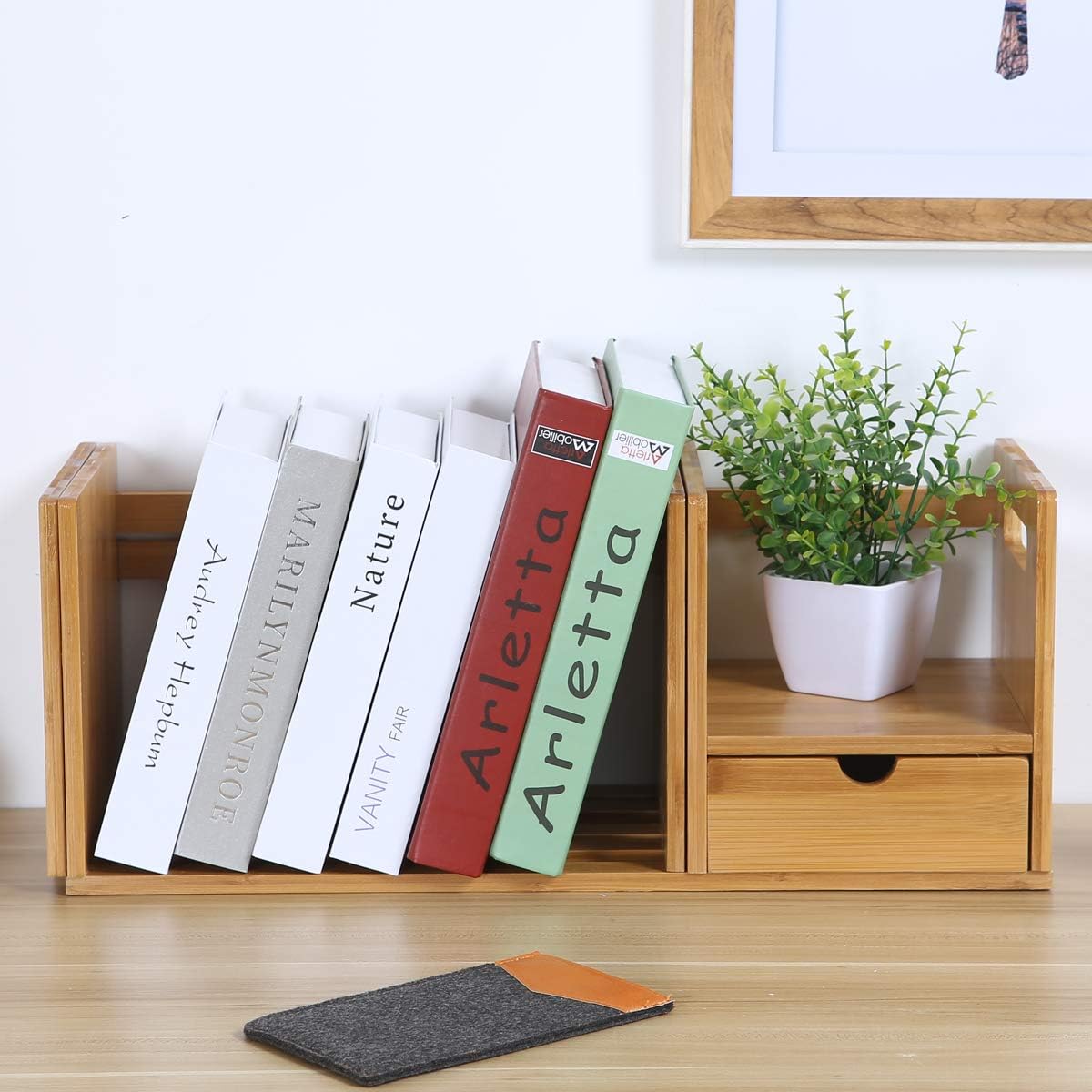 Maydear Bamboo Desktop Bookshelf Counter Top Bookcase, with 3 Drawers ...