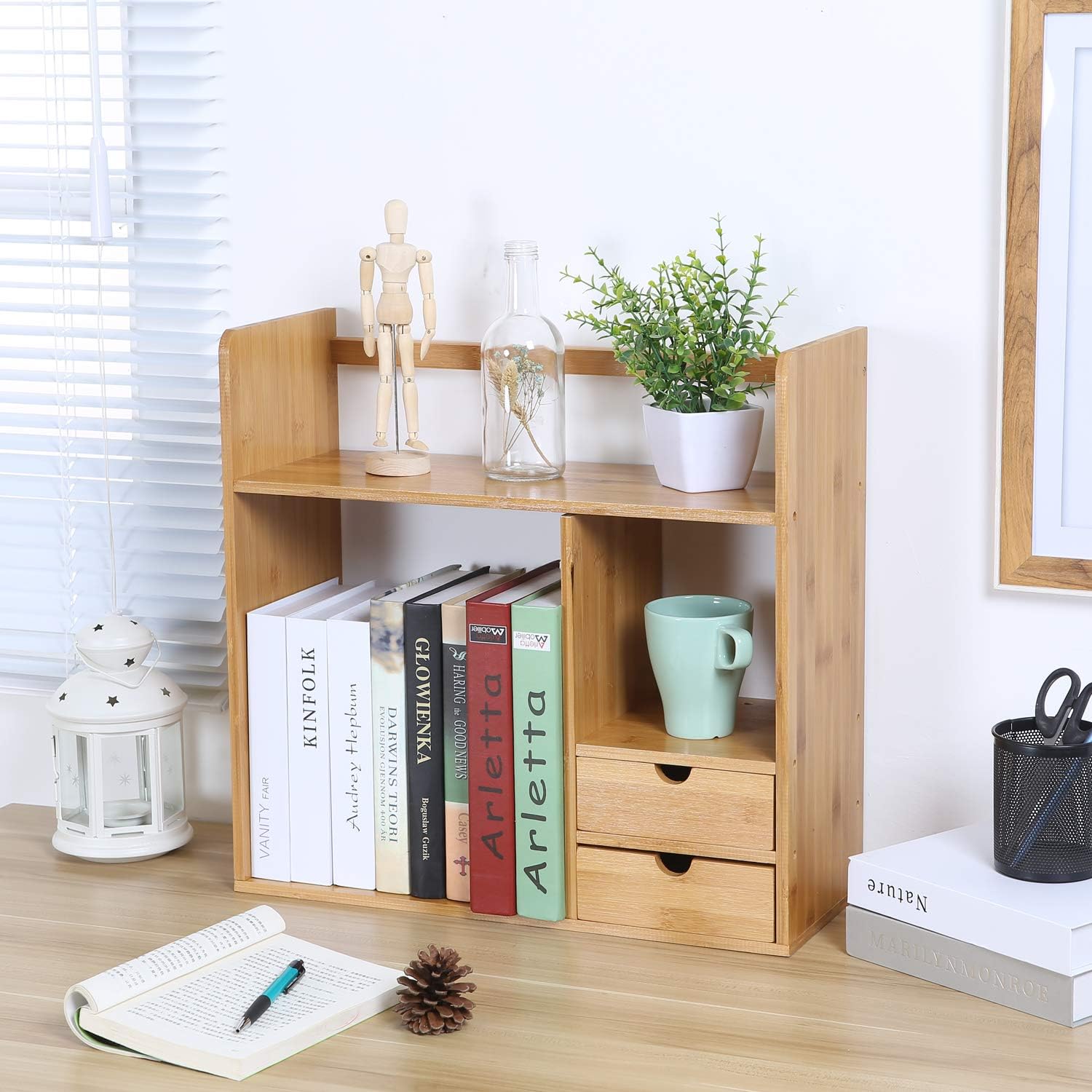 Maydear Bamboo Desktop Bookshelf Counter Top Bookcase, with 3 Drawers ...