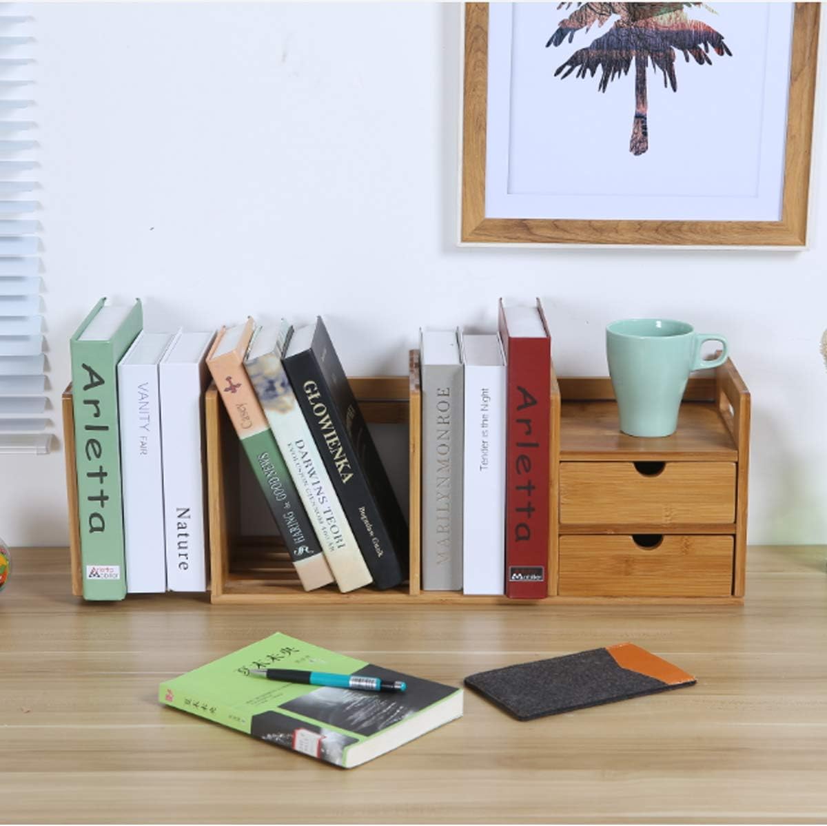 Maydear Bamboo Desktop Bookshelf Counter Top Bookcase, with 3 Drawers ...