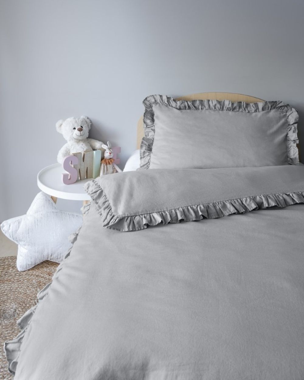 Mayamoo, pościel 2-częściowa z falbaną, jasny szary, 100x135 cm