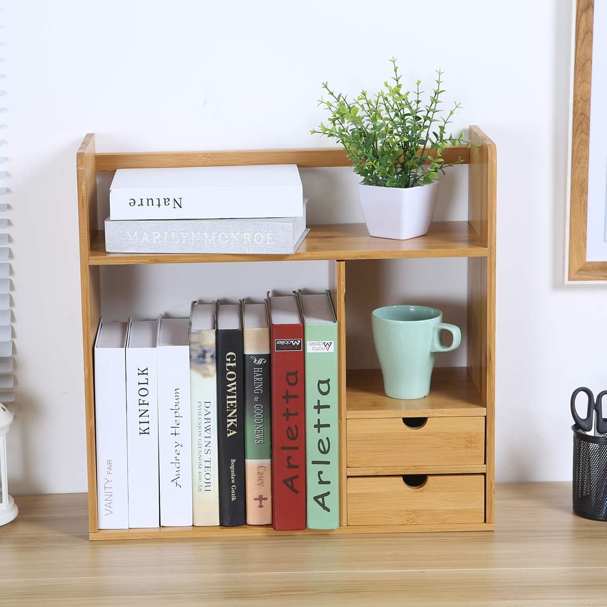 Maydear Bamboo Desktop Bookshelf Counter Top Bookcase, with 3 Drawers ...
