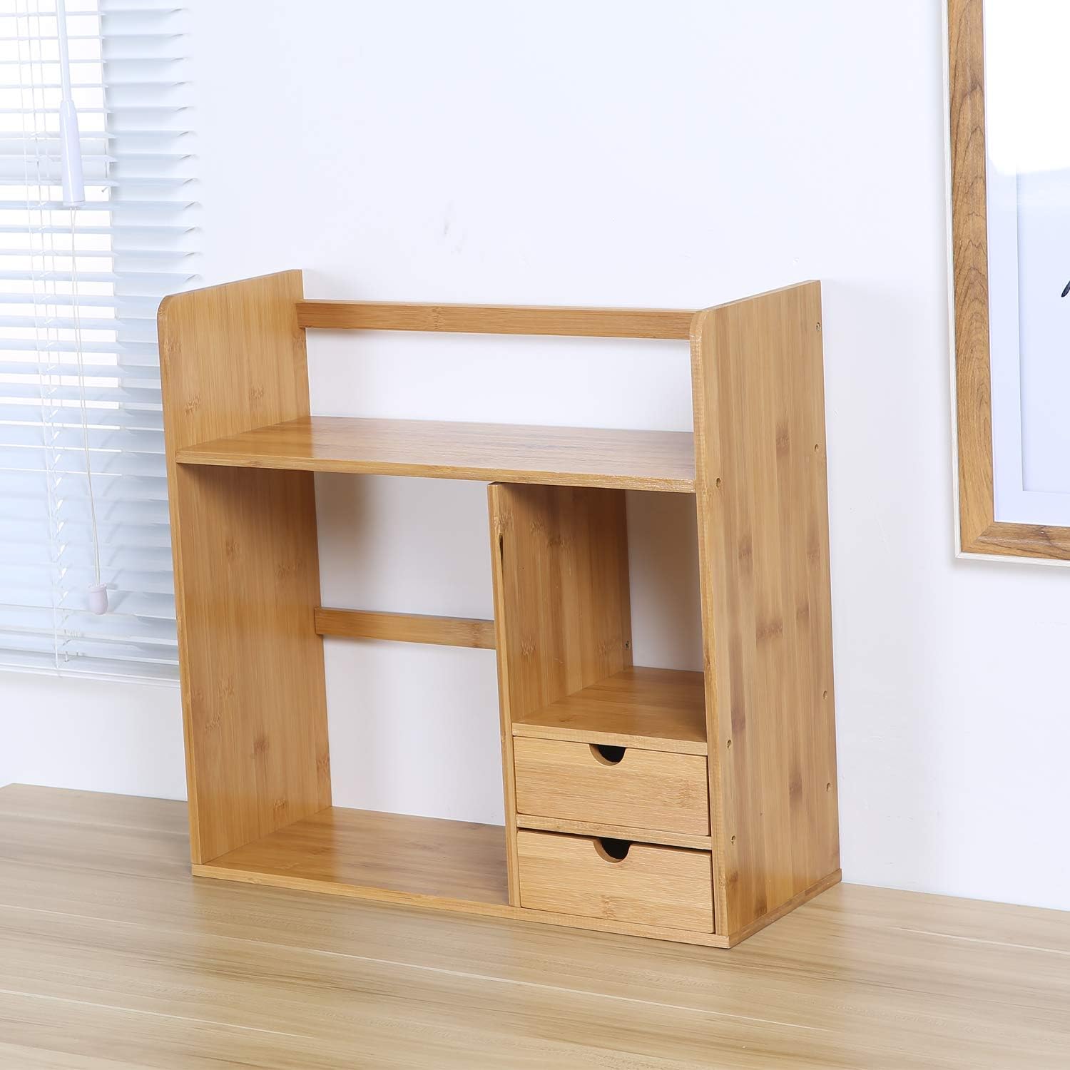 Maydear Bamboo Desktop Bookshelf Counter Top Bookcase, with 3 Drawers ...