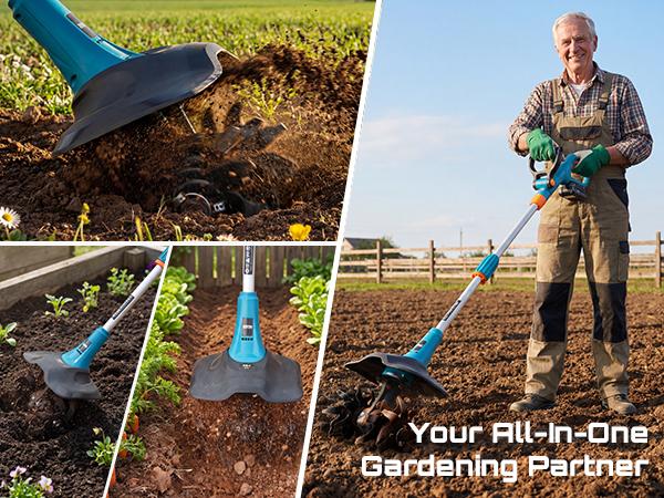 SEESII Electric Tiller for Gardening, 360 RPM Rototiller Cordless Cultivator, Total 8000mAh Battery Powered Garden Tiller 4 Pcs Blades for Smooth Tilling, Handheld Tiller for Raised Garden Beds Outdoorfun