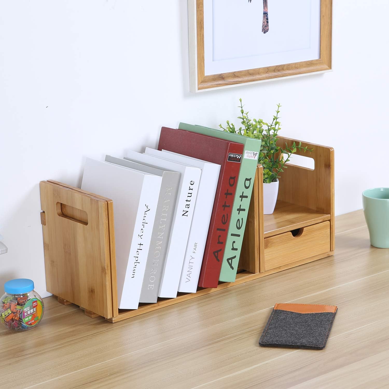 Maydear Bamboo Desktop Bookshelf Counter Top Bookcase, with 3 Drawers ...