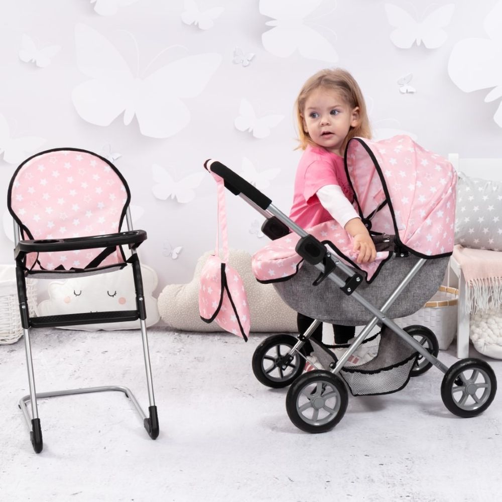 Bayer Design, Cosy, głęboki wózek dla lalek, zestaw z torbą i krzesełkiem, szaro-różowy w gwiazdki