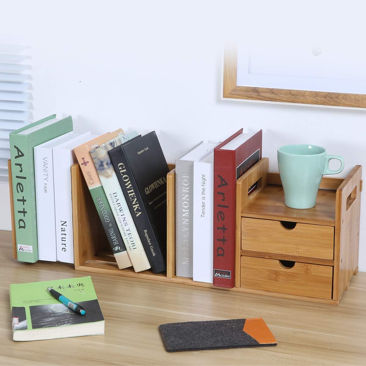 Maydear Bamboo Desktop Bookshelf Counter Top Bookcase, with 3 Drawers ...