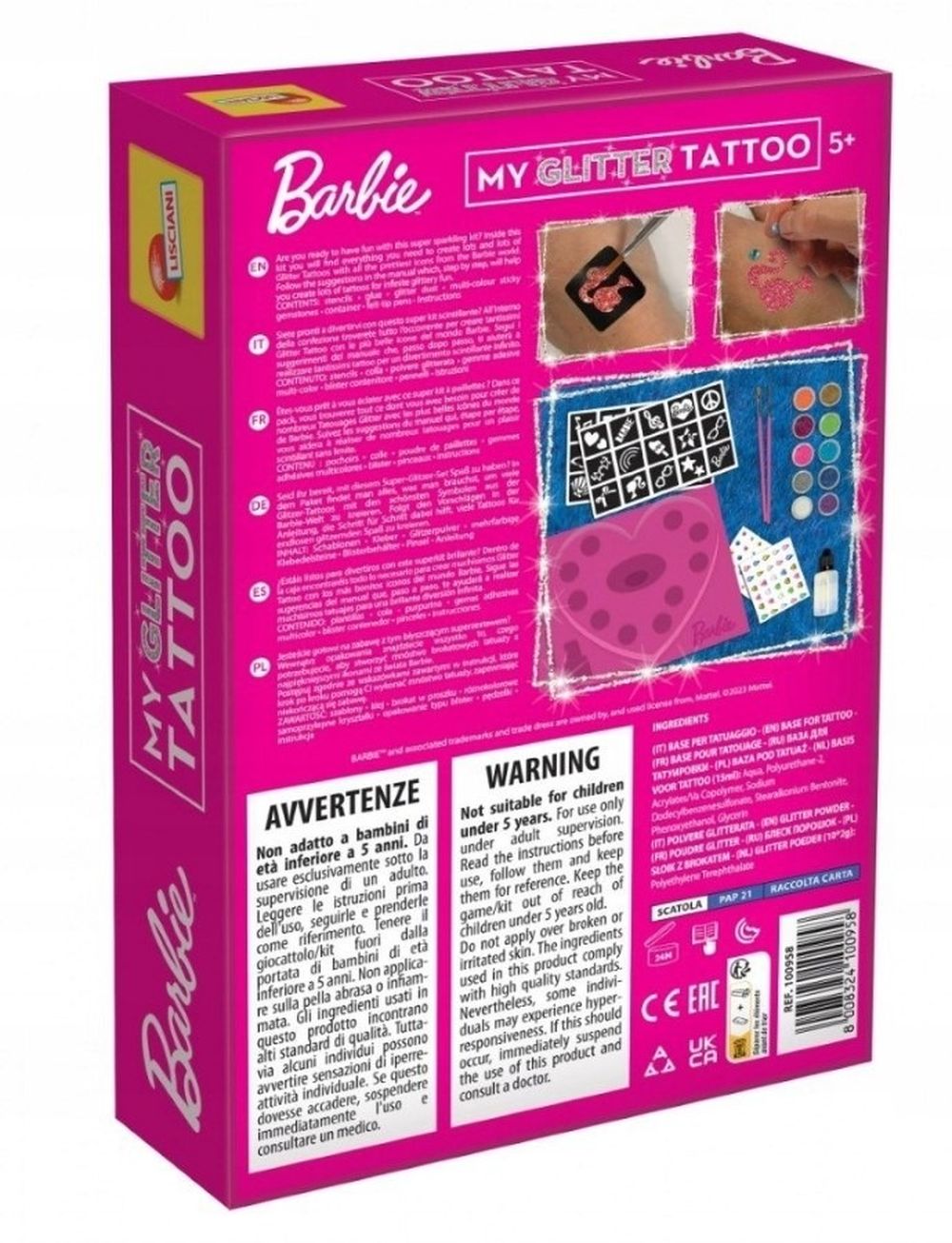 Lisciani, Barbie, My Glitter Tattoo, brokatowe tatuaże, zestaw kreatywny