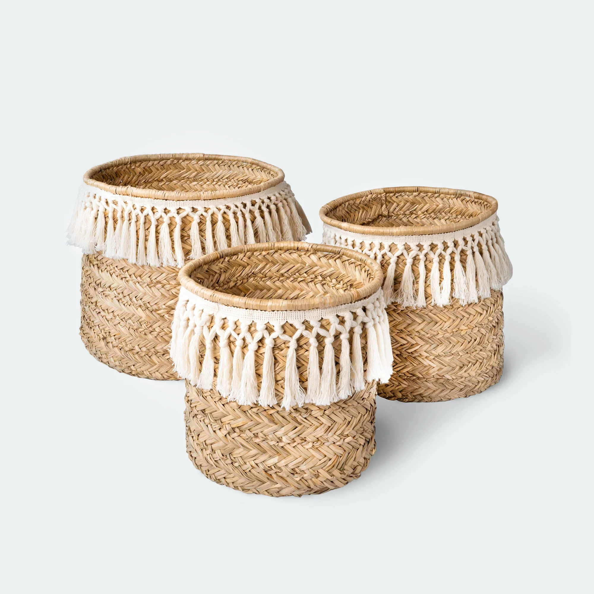 Boho Seagrass Baskets with Tassel Trim, Set of 3
