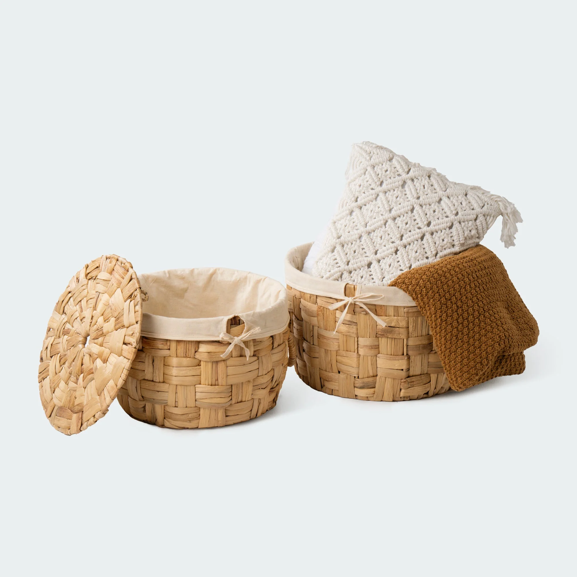 Lidded Water Hyacinth Basket with Handles and Linen, Set of 2