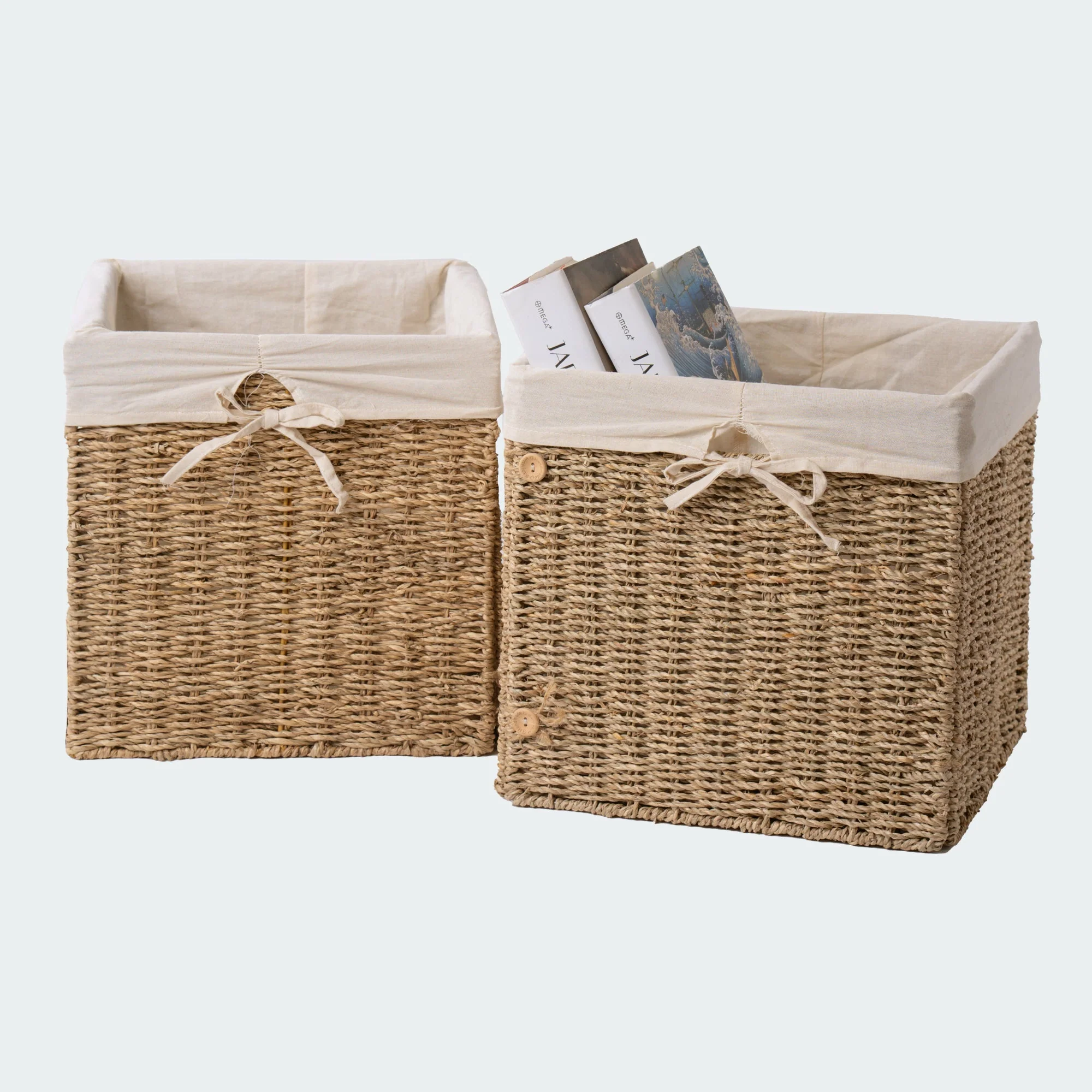Cube Seagrass Wicker Basket With Linen Set of 2