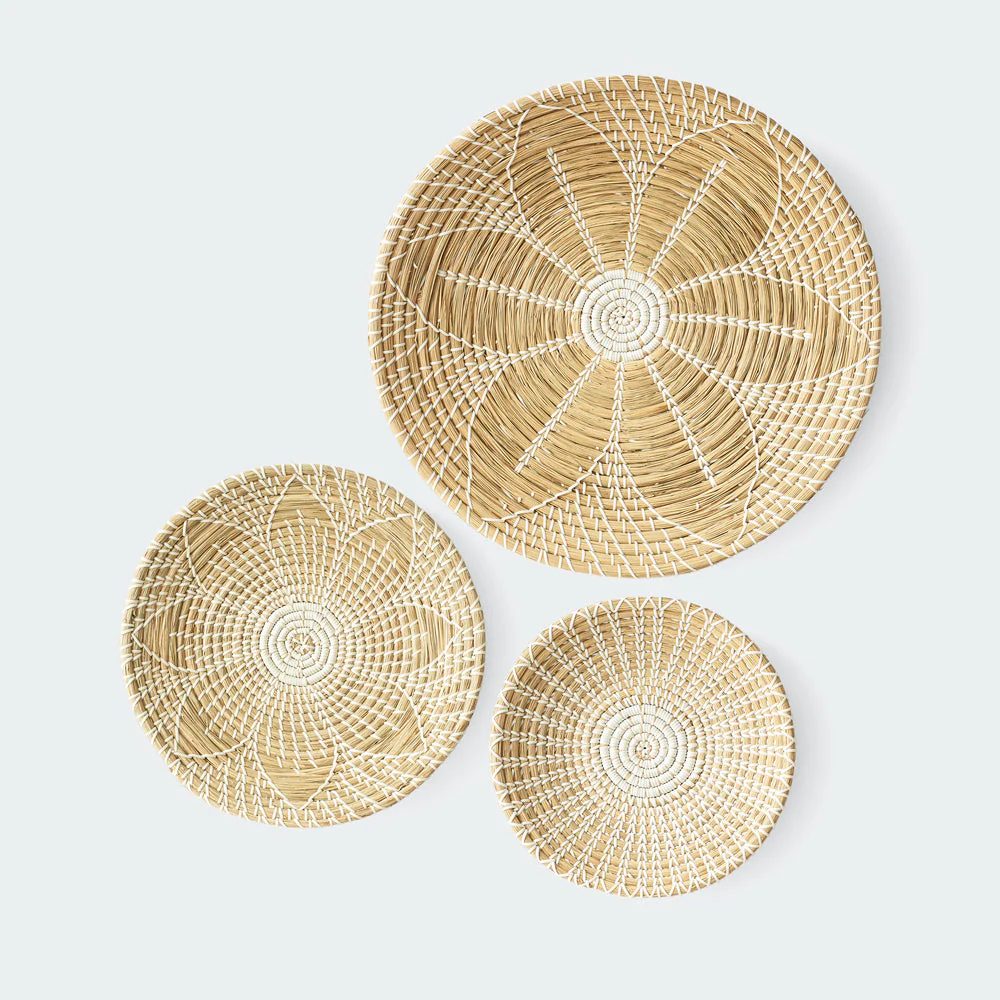 Floral Round Woven Seagrass Wall Baskets Decor Set of 3