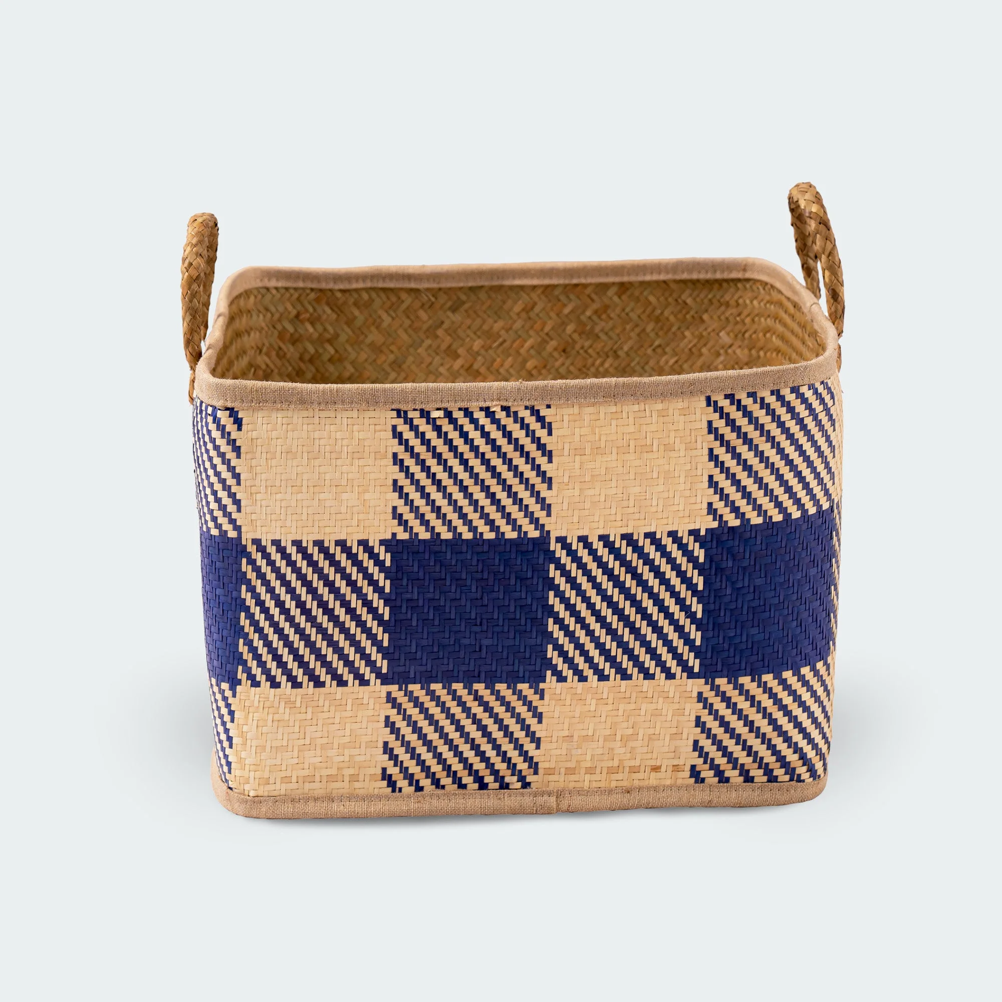 Blue-Checkered Square Seagrass Wicker Basket