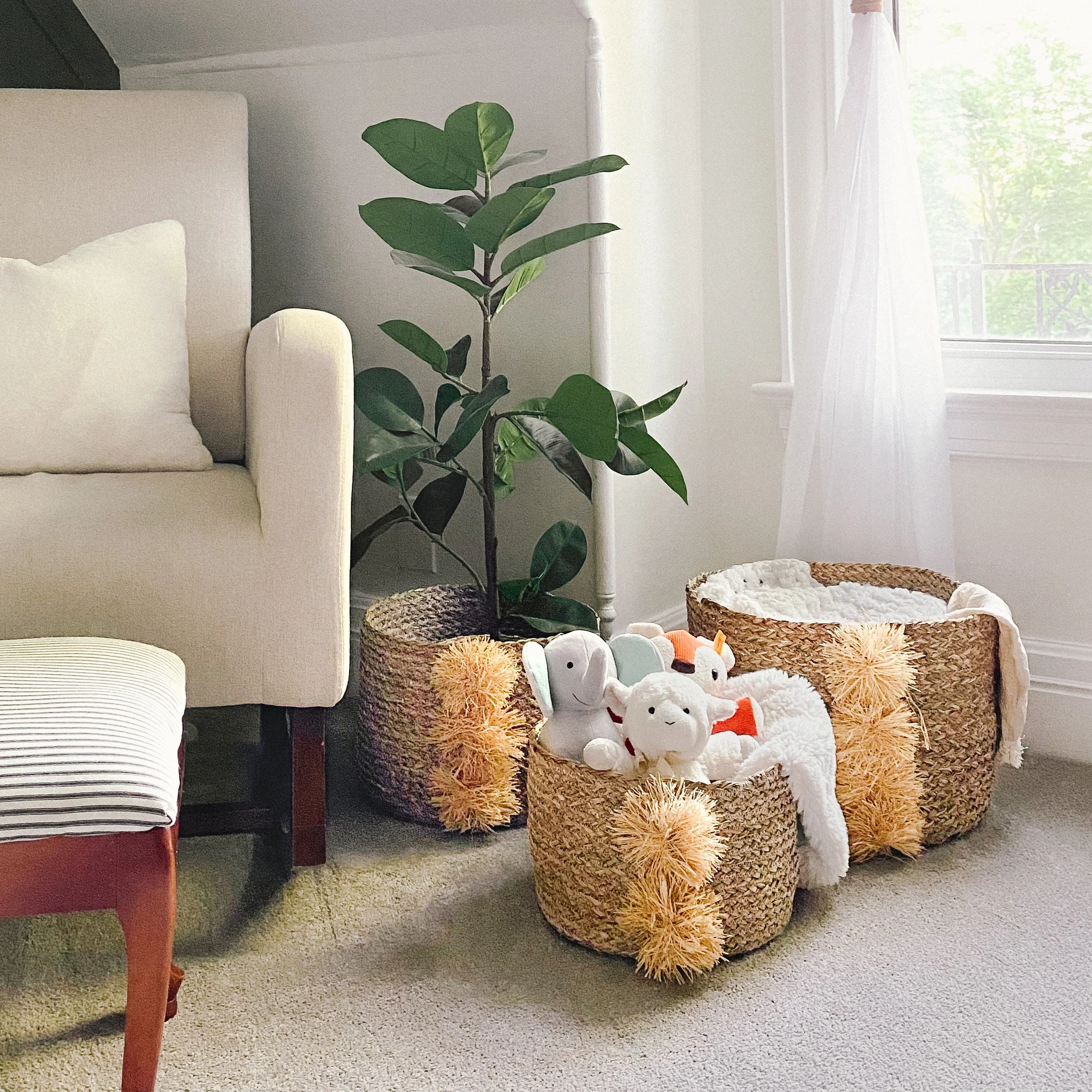 Boho Round Seagrass Baskets with Jute Fringe, Set of 3