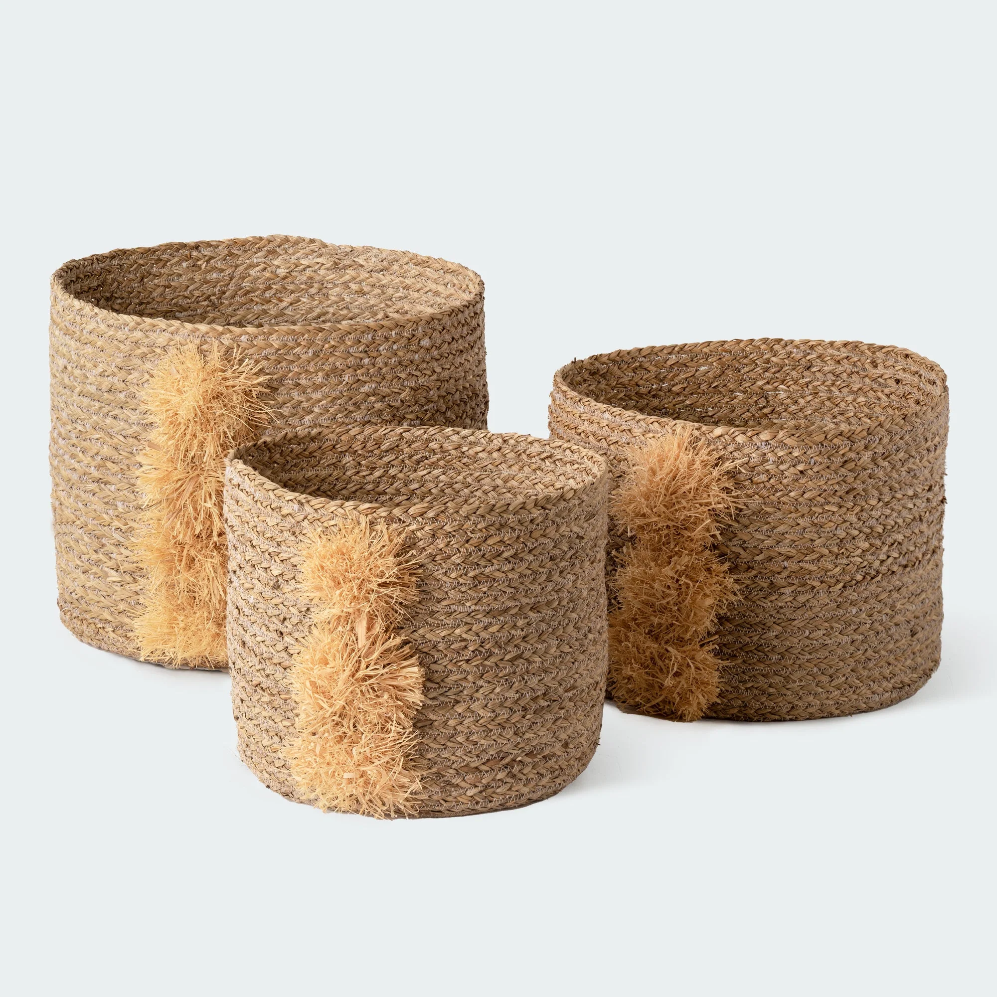 Boho Round Seagrass Baskets with Jute Fringe, Set of 3