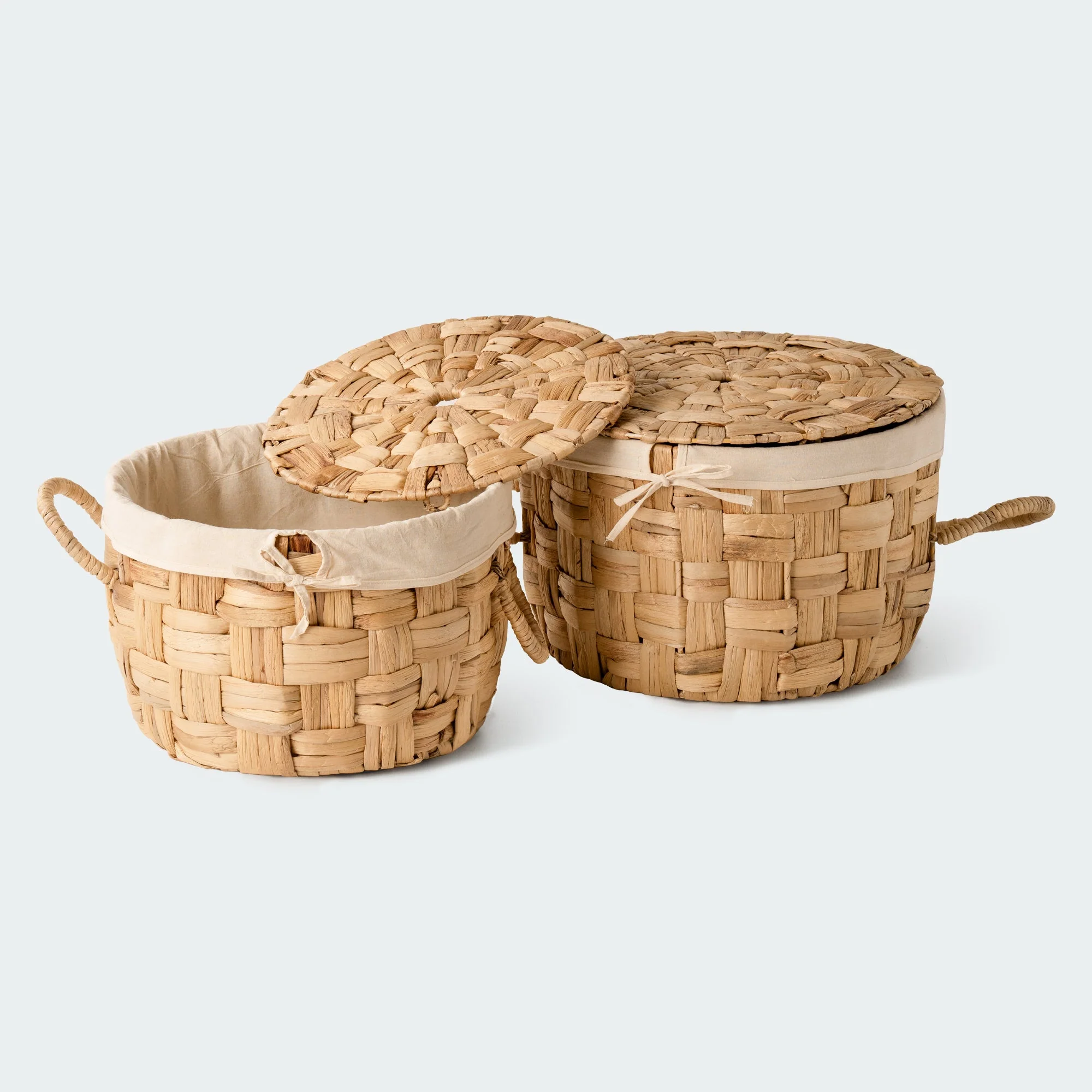 Lidded Water Hyacinth Basket with Handles and Linen, Set of 2
