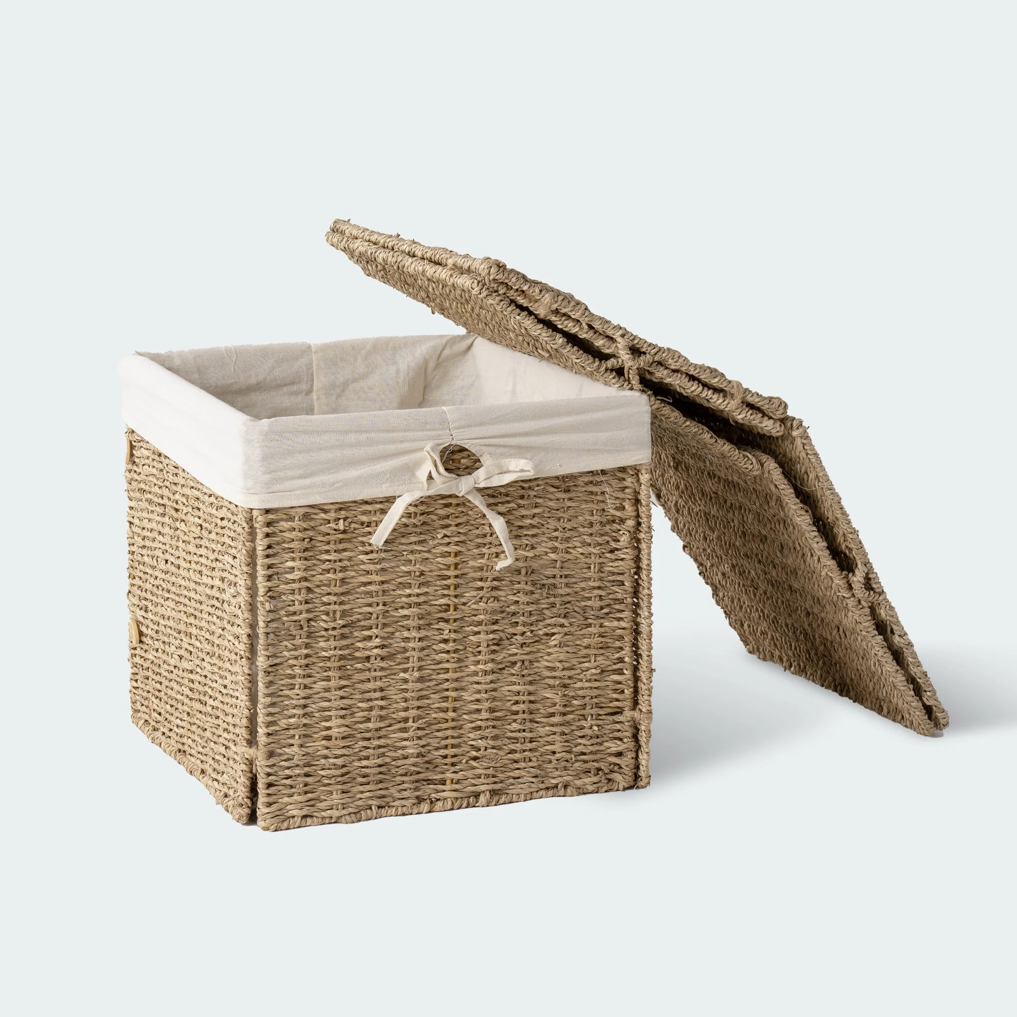Cube Seagrass Wicker Basket With Linen Set of 2