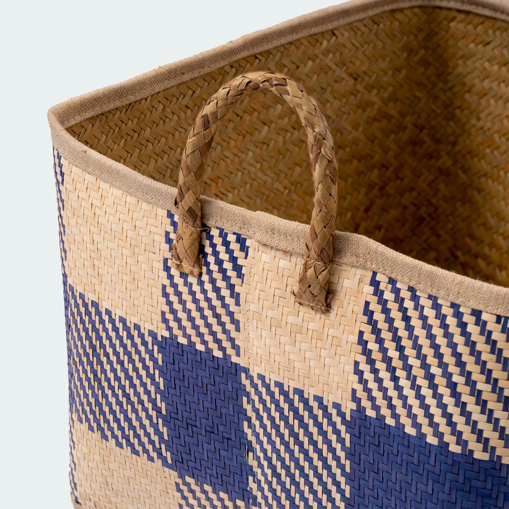 Blue-Checkered Square Seagrass Wicker Basket