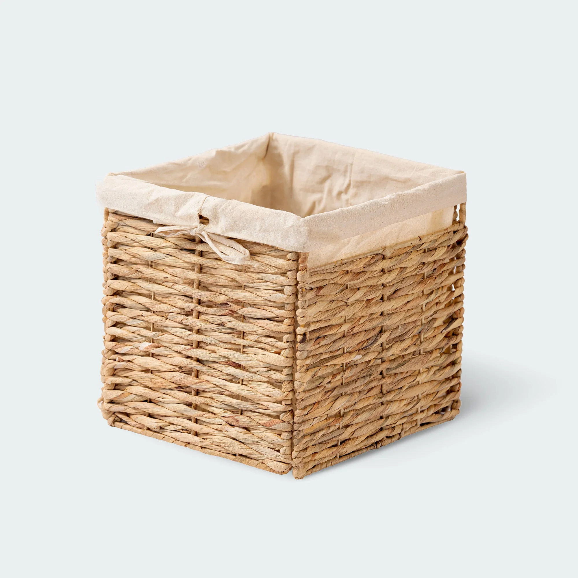 Foldable Cube Water Hyacinth Basket with Linen, Set of 2