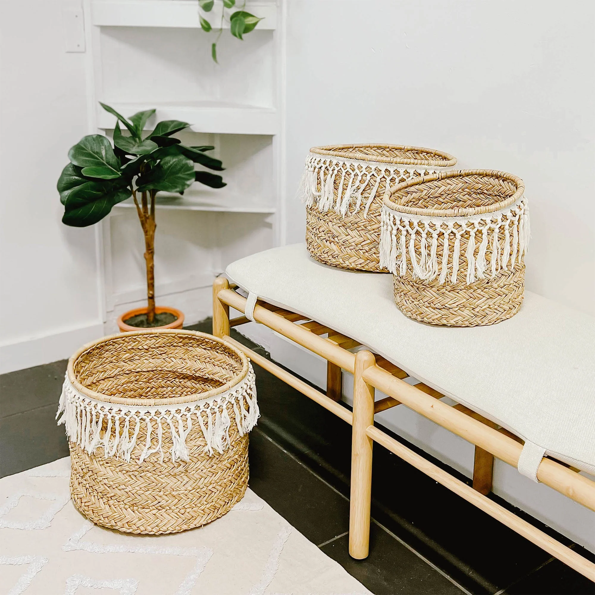Boho Seagrass Baskets with Tassel Trim, Set of 3