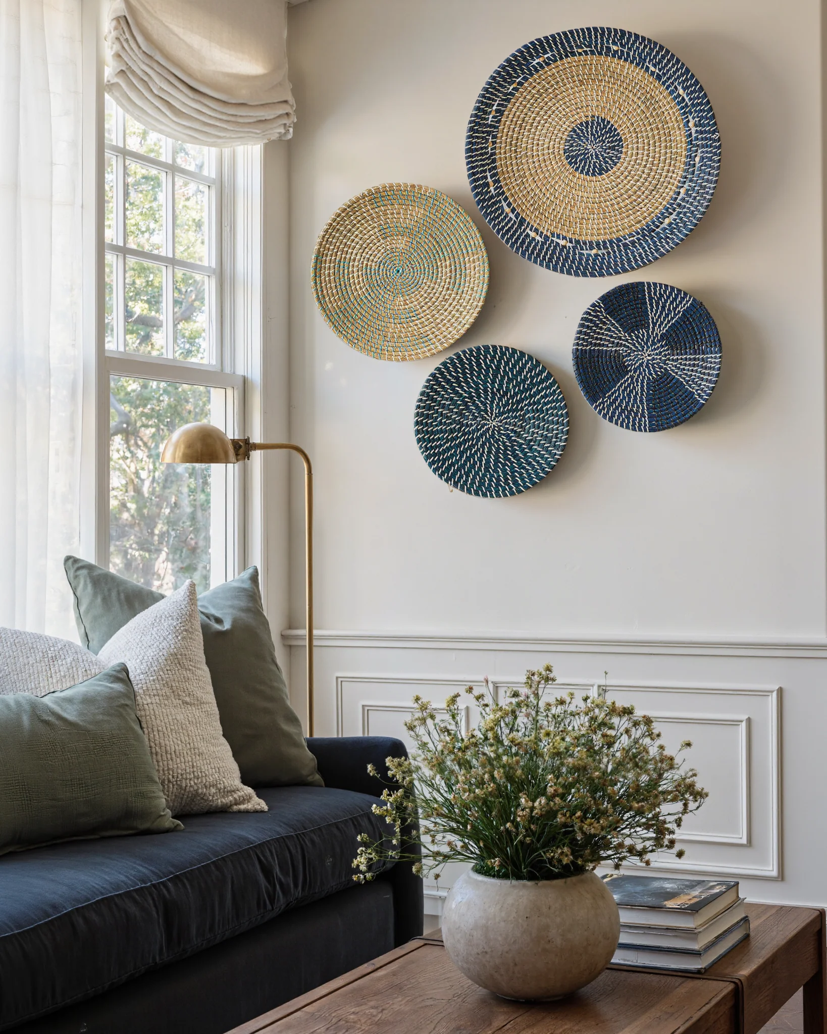 Set of 4 Blue and Natural Seagrass Wall Decor - Concentric, Boho Style