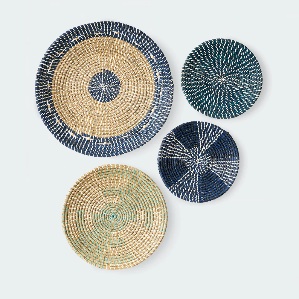 Set of 4 Blue and Natural Seagrass Wall Decor - Concentric, Boho Style