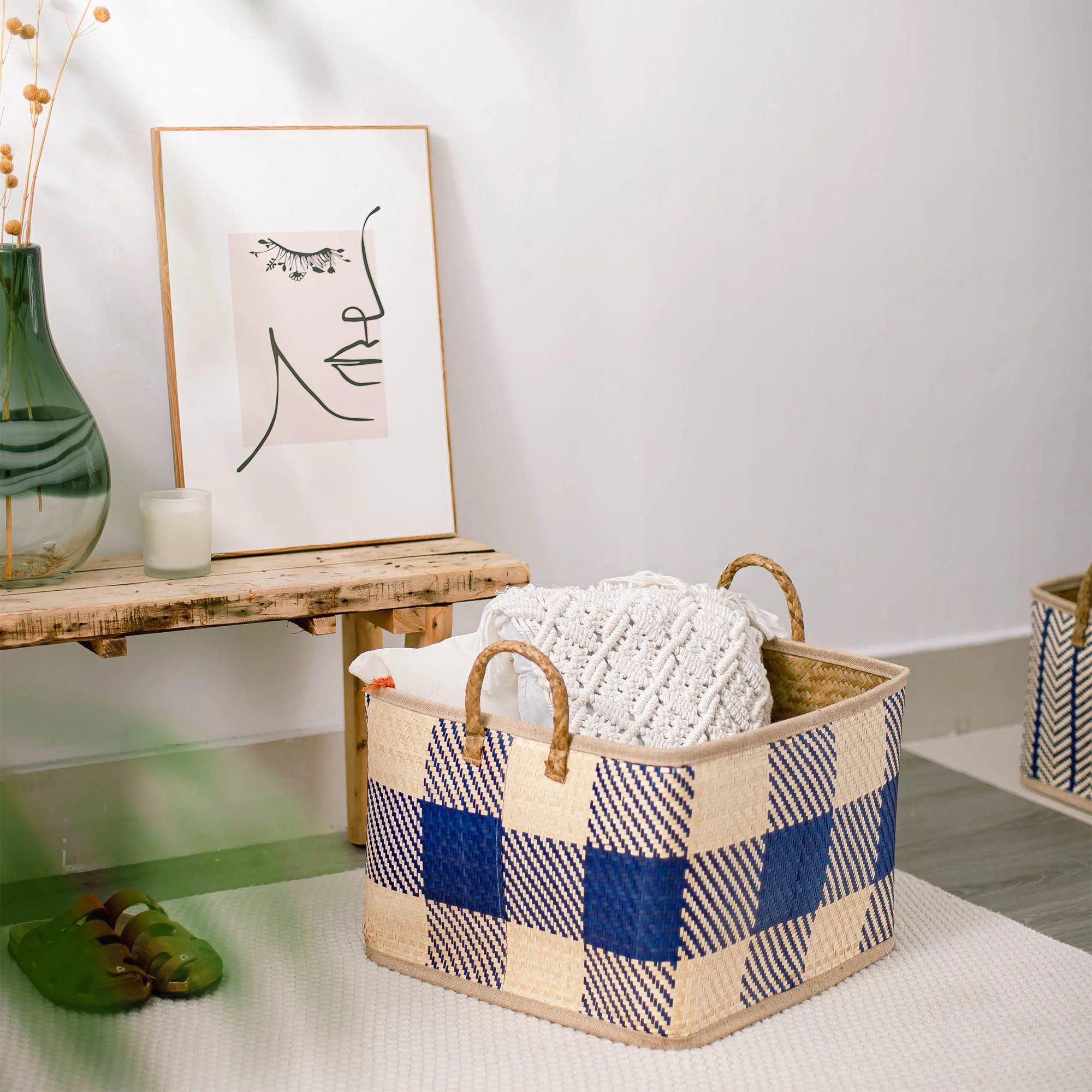 Blue-Checkered Square Seagrass Wicker Basket