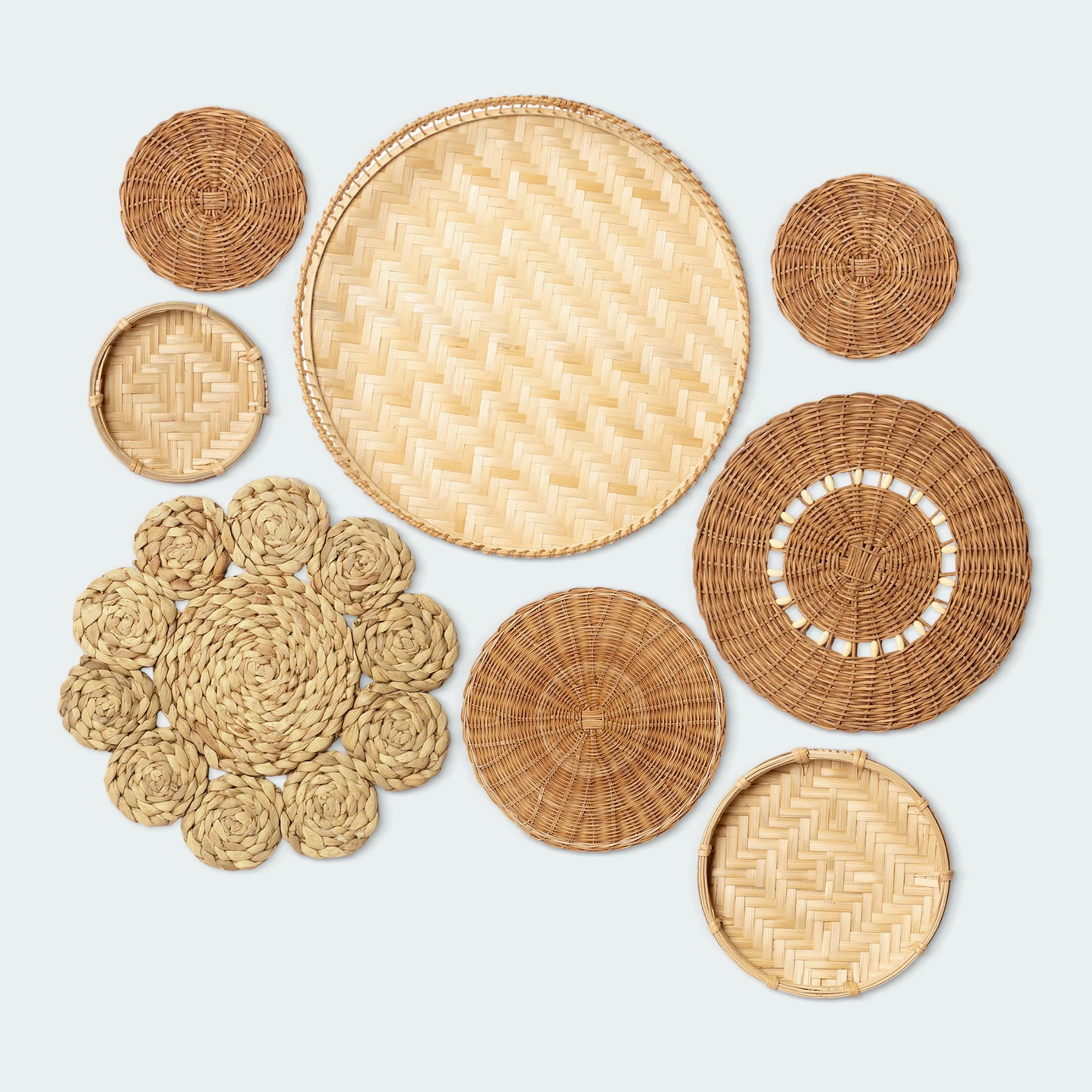 Circular Floral Woven Wall Basket Decor Set Of 8