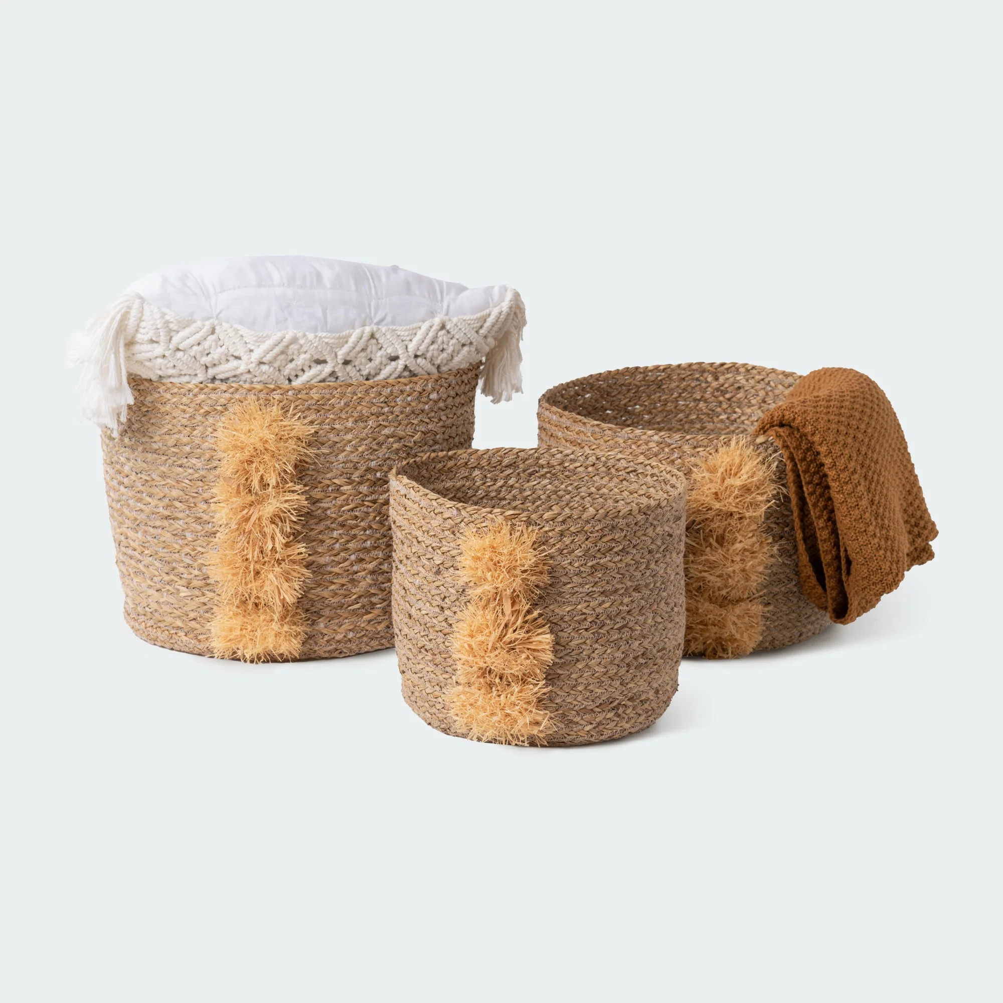 Boho Round Seagrass Baskets with Jute Fringe, Set of 3