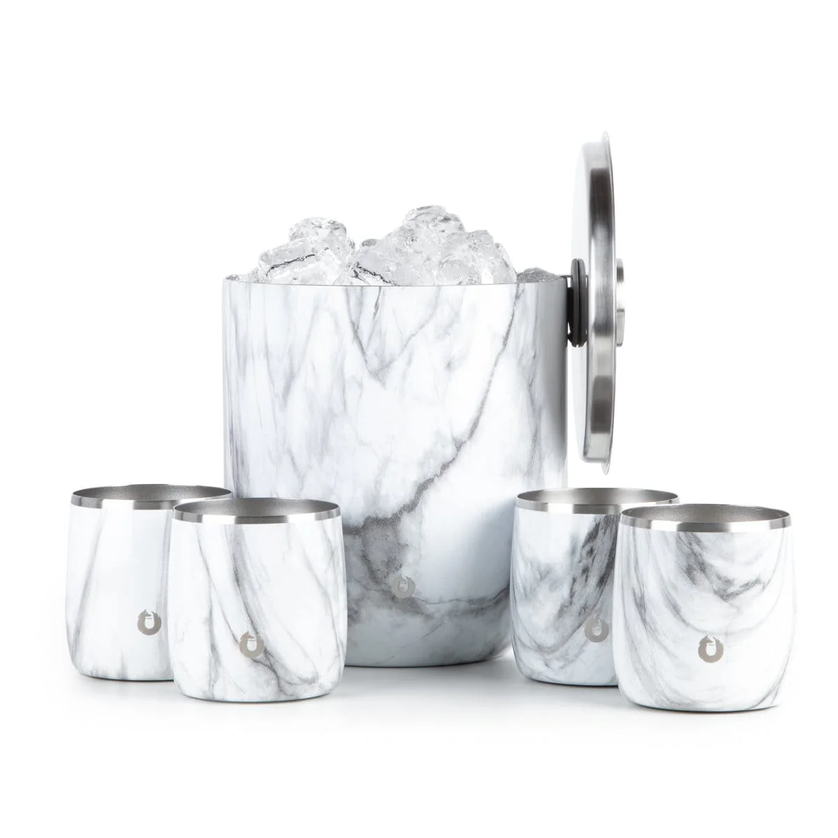 Stainless Steel Ice Bucket with Rocks Glass Set, Marble