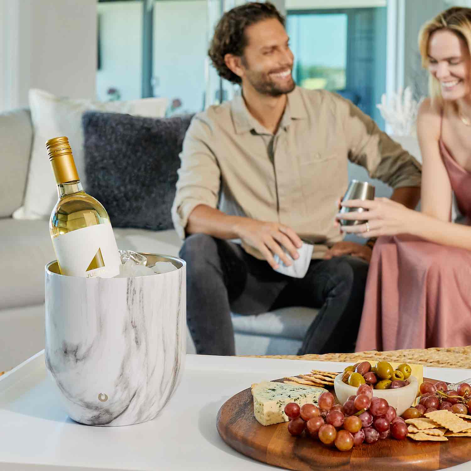 Stainless Steel Ice Bucket with Rocks Glass Set, Marble