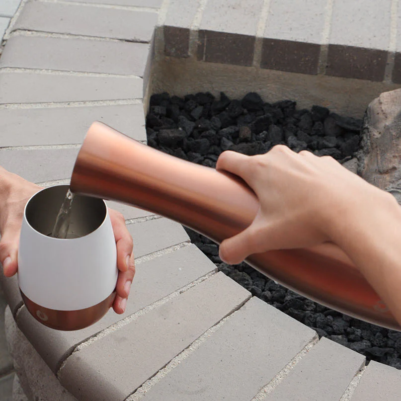 Stainless Steel Carafe and Wine Glass Set, Gold and White