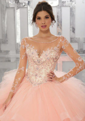 Beaded Embroidery on Net with Flounced Tulle Ballgown Skirt