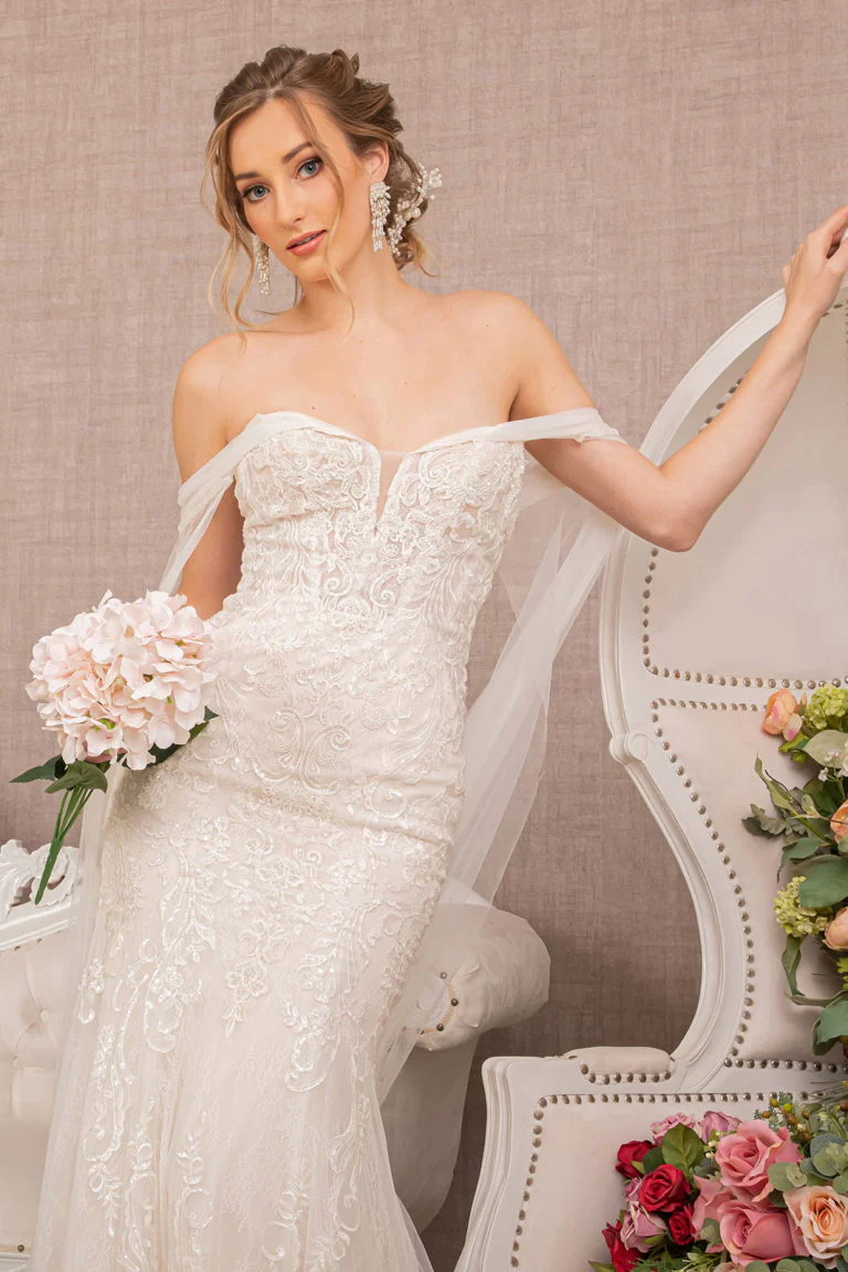 Embroidered V-Neck Mermaid Wedding Gown w/ Detachable Cape
