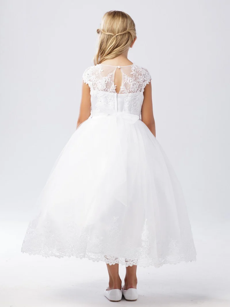 Lovely Illusion Neckline Bodice with Lace Applique & Rhinestones Communion Dress