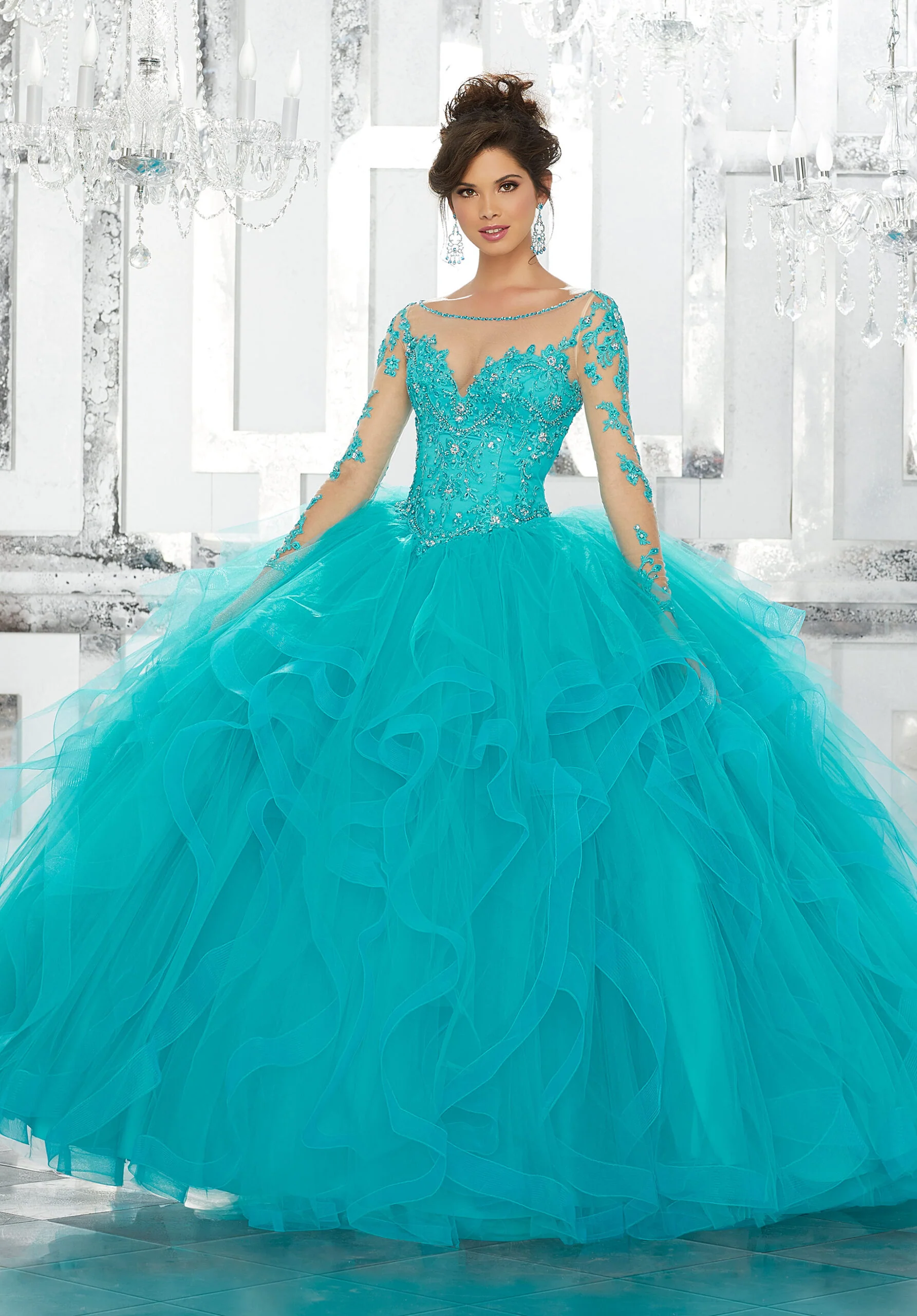 Beaded Embroidery on Net with Flounced Tulle Ballgown Skirt