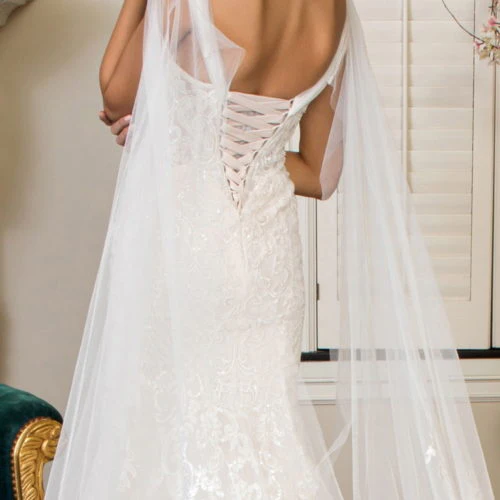 Embroidered V-Neck Mermaid Wedding Gown w/ Detachable Cape