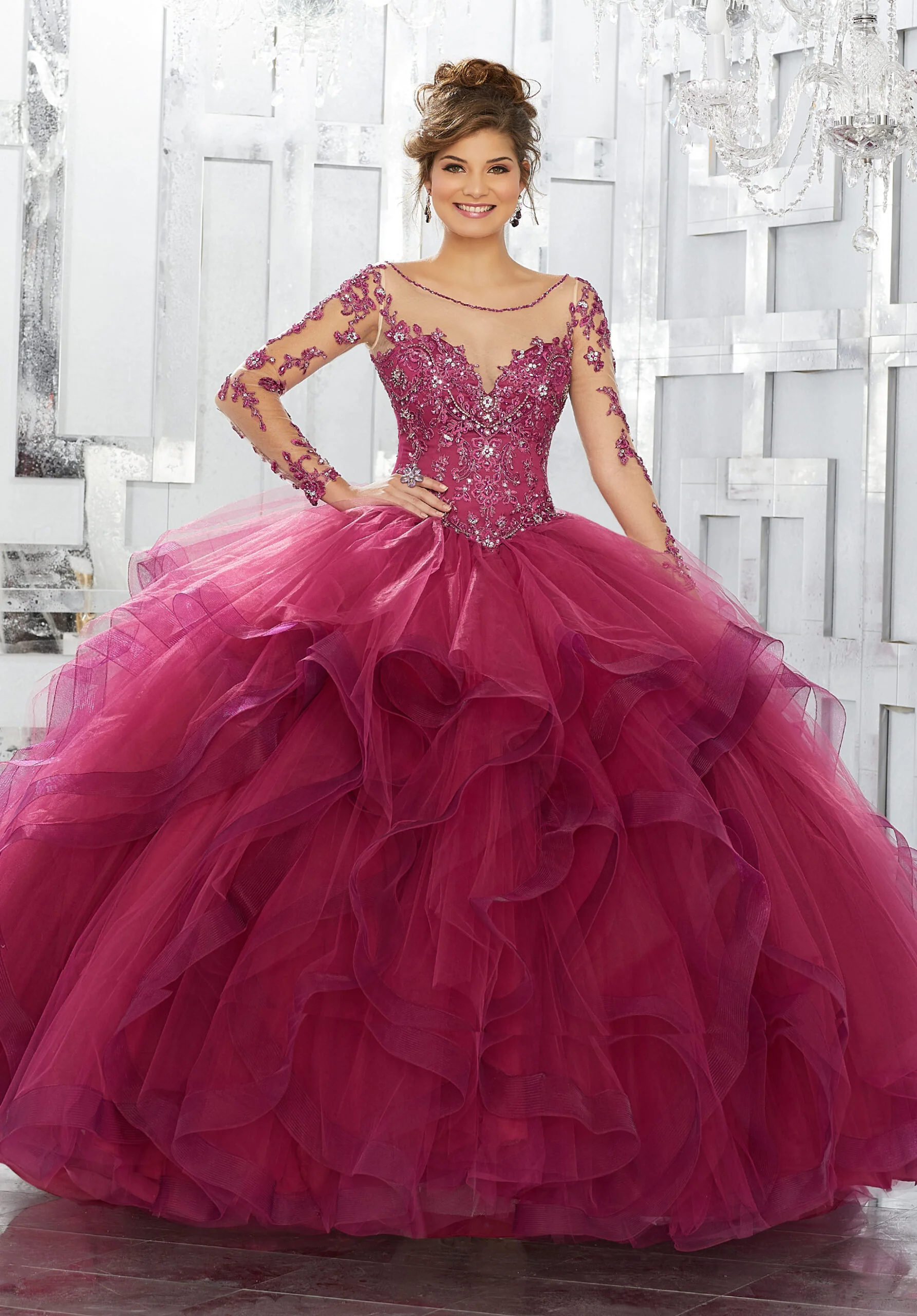 Beaded Embroidery on Net with Flounced Tulle Ballgown Skirt