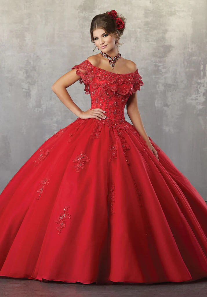 Beaded Quinceanera Gown with Flounced Neckline