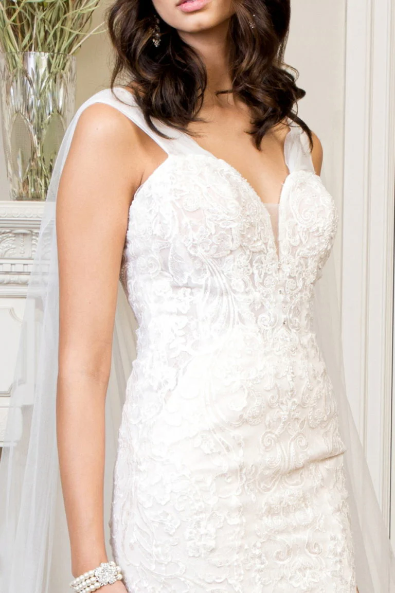 Embroidered V-Neck Mermaid Wedding Gown w/ Detachable Cape