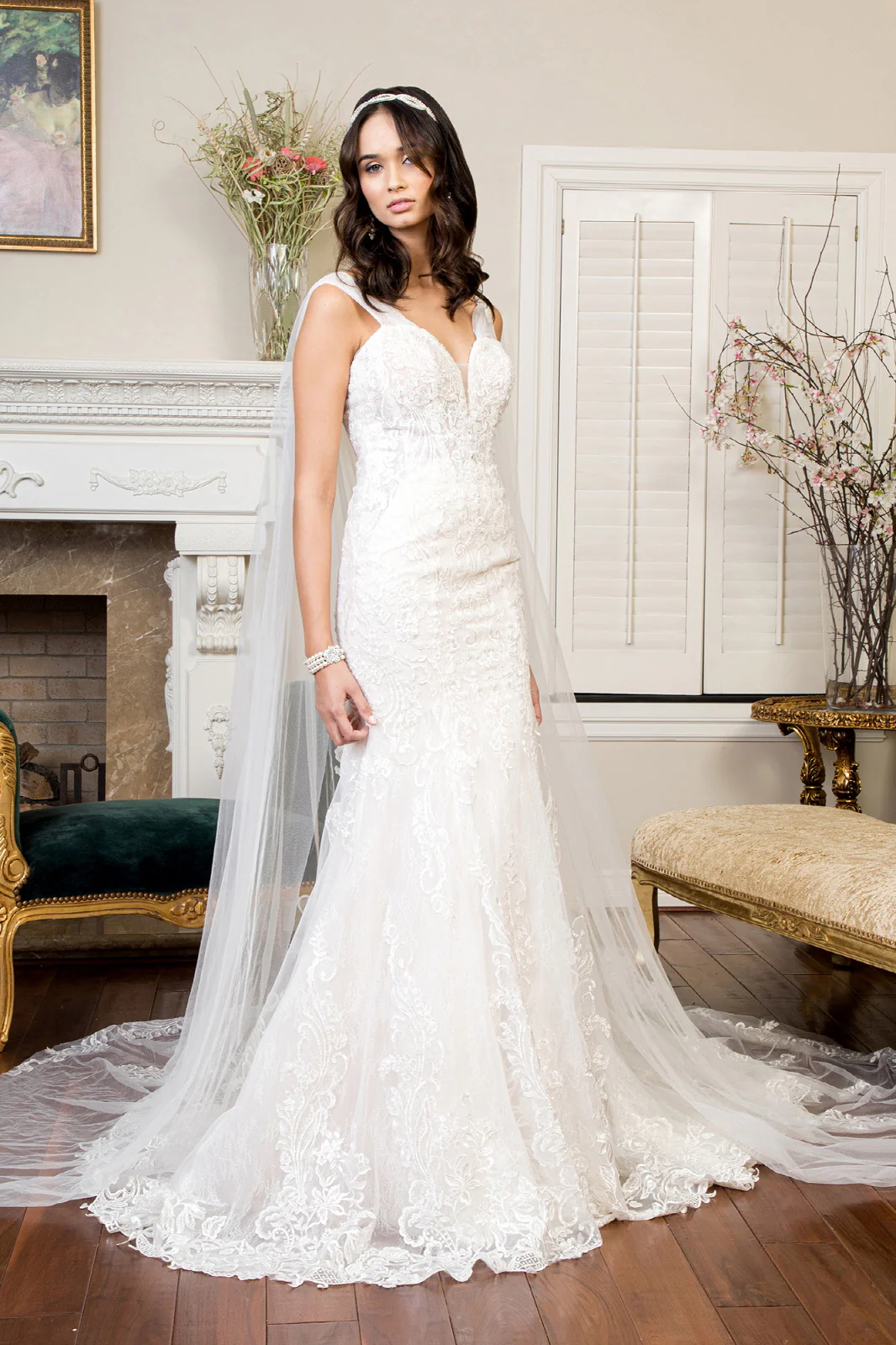 Embroidered V-Neck Mermaid Wedding Gown w/ Detachable Cape