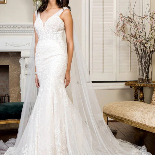 Embroidered V-Neck Mermaid Wedding Gown w/ Detachable Cape