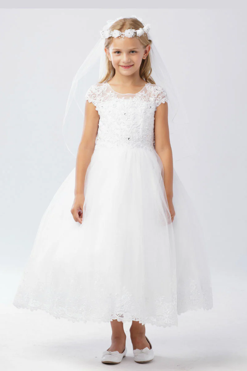Lovely Illusion Neckline Bodice with Lace Applique & Rhinestones Communion Dress