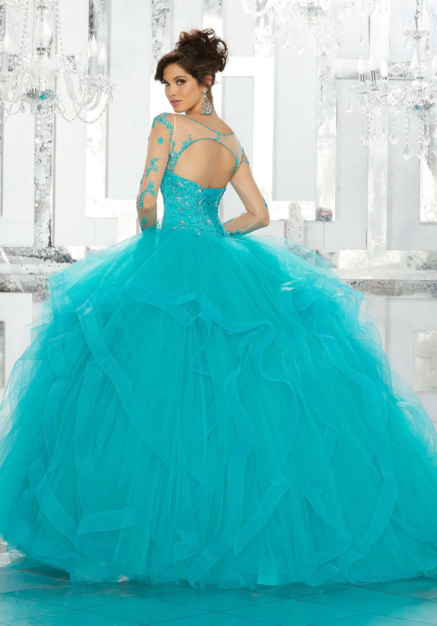 Beaded Embroidery on Net with Flounced Tulle Ballgown Skirt